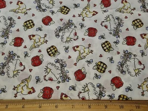 MARCUS Fabric - Tossed Chickens & Apples on White - by the HALF Yard - Picture 1 of 2