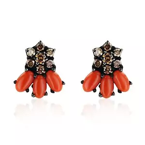 Beautiful 925 Sterling Silver Coral and Diamond Earrings - New - Picture 1 of 3