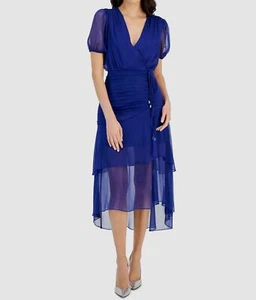 Tahari ASL Women's Blue Ruched Drawstring V-Neck Short Sleeve Dress Size 8 - Picture 1 of 4