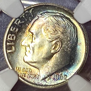 RAINBOW TONED NGC MS-67+! 1962 ROOSEVELT DIME VERY CLOSE TO FB - Picture 1 of 4