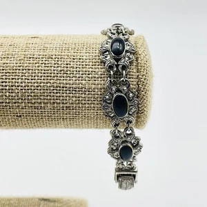 Silberfarbenes Armband schwarz oval Cabochon Panel Glieder Vintage - Bild 1 von 7