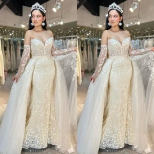 Champagne Wedding Dresses Mermaid With Detachable Train Lace Glitter Bridal Gown - Picture 1 of 9