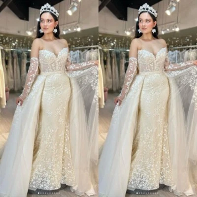 Vestido de novia champán sirena con tren desmontable encaje gorrous vestido de novia Foto 1 de 4