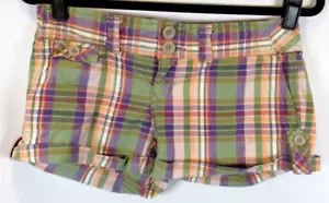 Womens AE American Eagle Shorts Size 0 Chino Style Plaid Pink Purple Green Y2K - Picture 1 of 8