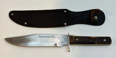 "Cuchillo Bowie original de colección sable Japón 31 mango de hueso de ciervo 10"" con funda de cuero" Foto 1 de 4