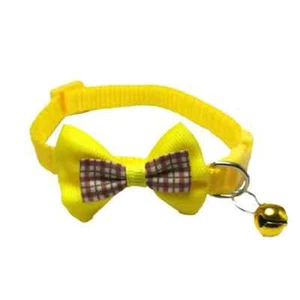 Pet Collar Adjustable Buckle Cute Cat Dog w/ Bell Bow Tie/Plaid Yellow 1Pc - Picture 1 of 4