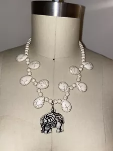White Elephant Stone Art Statement Necklace NEW - Picture 1 of 3