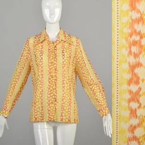 Large 1970s Yellow Orange Stripe Shirt Button Up Blouse Abstract Print - Picture 1 of 10