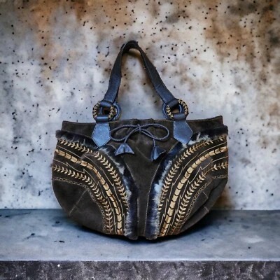 De Colección Nos Y2K Cartera Bolso de Mano Cartera Boho Mod Cuero Marrón Gamuza Piel de Conejo Nuevo Foto 1 de 4