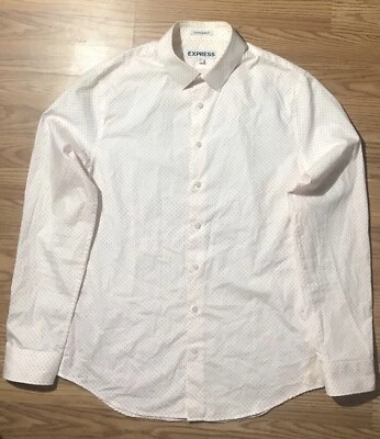 Express Mens M Slim Fit Button Up Dress Shirt White / Peach Paisley Print Design - Image 1 of 4