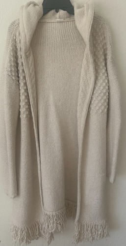 OFF WHITE Cardigan lungo Gap maglione bianco sporco cappuccio lunghezza polpaccio frange piccolo boho