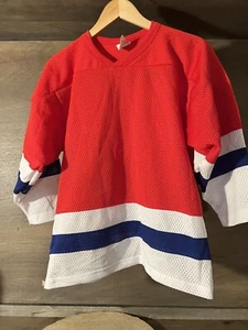 CCM Boys Red WHITE BLUE Short Sleeve Football Jersey SIZE XL MESH EUC - Picture 1 of 6