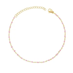 Cavigliera Catena Forzatina Diamantata con Smalti Rosa in Acciaio Colore Oro - Picture 1 of 1