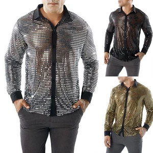 Men's Sparkling Sequin Party Dance Shirts Retro 70s Disco Nightclub Tops - Picture 1 of 57