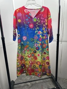 Tunika-Kleid Damen mehrfarbig abstraktes Muster Oberteil L Large 3/4-Ärmel Boho künstlerisch - Bild 1 von 2