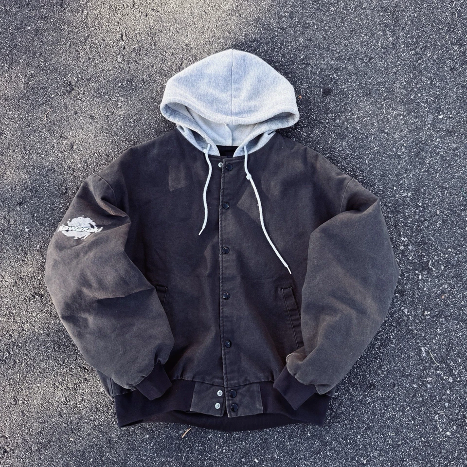 Chaqueta de bombardero de motocicleta Kawasaki vintage con capucha para hombre grande negra EE. UU. abotonada Foto 1 de 4