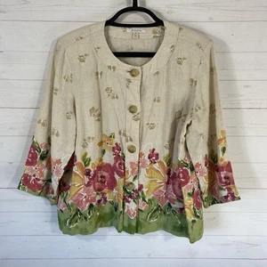 JM Collection Womens Linen 3/4 Sleeve Light Jacket Floral Print Button Front - Picture 1 of 10