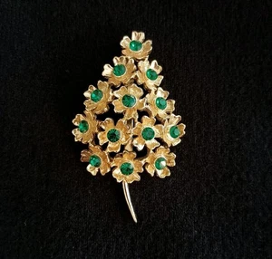 Vintage Weihnachtsbaum Brosche Anstecknadel grün Strass Blumen goldfarben 2,5"  - Bild 1 von 7