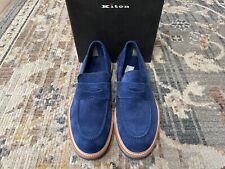Kiton Shoes Royal Blue Suede Loafers Good Size Striped Heel Size 7US 6UK 40US 