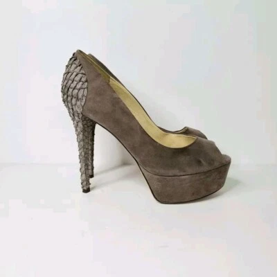 Brian Atwood Womens Shoes 9 Tan Taupe Snakeskin Print Heel Platform-Read - Image 1 of 4