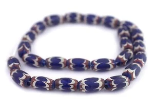 Perline Chevron Blu Java 16x10 mm Indonesia Vetro Ovale Multicolore Grande Foro - Foto 1 di 3