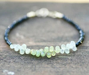 Natural Black Spinel Tiny Briolette Ombre Green Sapphire Bracelet Solid 14K Gold - Picture 1 of 7