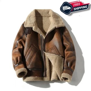 Men's High End Sherpa Leather Jacket - Biker Jacket With Thickened PU Lamb Wool - Picture 1 of 4