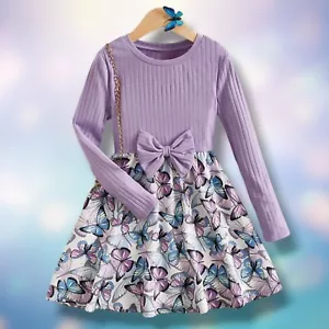 Girls' Butterfly Print Dress With Contrast Mesh And Ruffle Trim - Picture 1 of 5