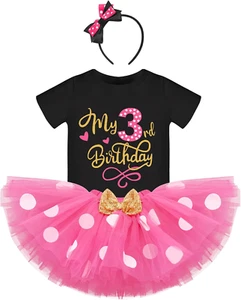 Baby Girls One 1St 2Nd 3Rd Birthday Outfit Polka Dots Romper Tutu Dress Headband - Picture 1 of 44