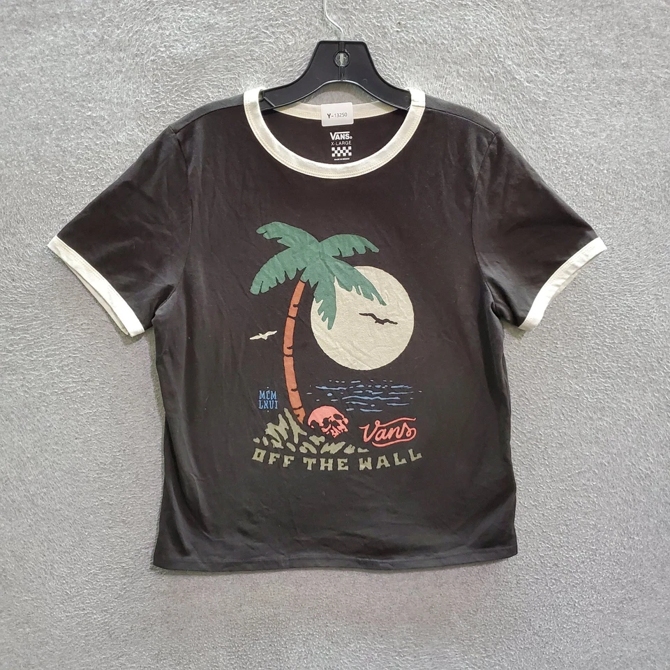 Camiseta VANS Niñas Top XL Negra Calavera Palmeras Fuera de la Pared Gráfico Timbre Camiseta Foto 1 de 4