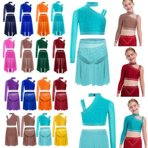 Kids Girls Ballet Lyrical Dance 2 Piece Sparkly Crop Top with Asymmetric Skirt - Picture 1 of 111