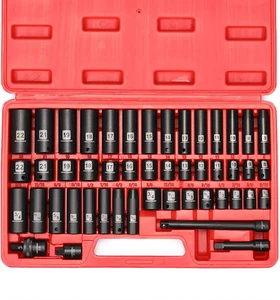 Juego de enchufes de impacto profundo de accionamiento de 3/8", 6 puntos, 48 piezas estándar SAE y tamaño métrico - Imagen 1 de 9
