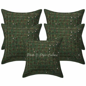 Handmade Cotton Embroidered Pillow Cover Green Geometrical Sofa Pillow Cover - Picture 1 of 5