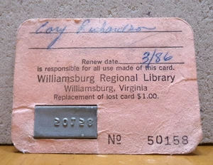 COOL VINTAGE 1980'S WILLIAMSBURG REGIONAL LIBRARY CARD WILLIAMSBURG, VIRGINIA - Picture 1 of 2