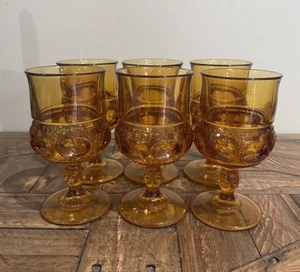 6 Vintage Mid-Century Collectible Amber / Gold King's Crown Pattern Glass Goblet - Picture 1 of 9