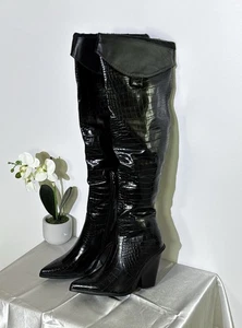 Stunning Sergio Todzi Black Crocodile cowboy Thigh-high Heel Boots - Size Uk 5 - Picture 1 of 8