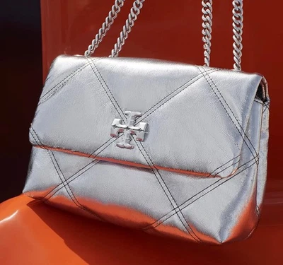 NWT TORY BURCH $575 SILVER KIRA DIAMOND QUILT SMALL CONVERTIBLE SHOULDER BAG - Image 1 of 4