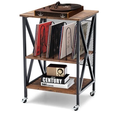 3-tier Rolling Turntable Stand Vinyl Record Storage Shelf w/Wheels & 3 Dividers - Image 1 of 4