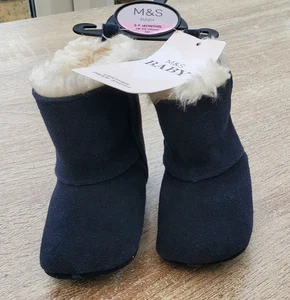 M&S Baby, navy, leather pram shoes, 3-6 months, new with tags - Picture 1 of 6