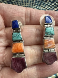 Sterling Silver Lapis Turquoise Orange Purple Spiny Oyster Earrings - Picture 1 of 7