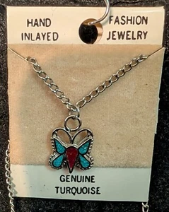 Vintage Nickle Silver Necklace Butterfly Resin Filled Turq. & Red Coral Sz 1/2" - Picture 1 of 1
