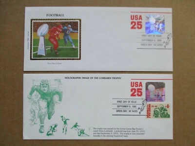 1990 25c Football Lombardi Trophy Hologram Envelope U618 FDC x2, Colorano, KMC V - Image 1 of 4