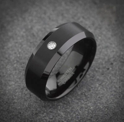 单石钨戒指男式结婚戒指男式结婚戒指黑色钨 — 第 1/4 张图片