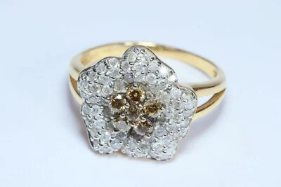 Cognac & White Diamonds Flower in 14K White & Yellow Gold Ring - Image 1 of 4
