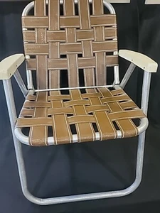Folding Chair Vintage Brown Webbing Webbed Aluminum Lawn Patio Beach Tailgate - Picture 1 of 23