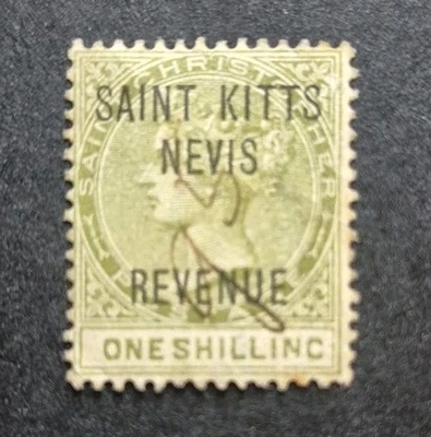 1885 ingresos postales SG R6 St Kitts Nevis un chelín usado Foto 1 de 2