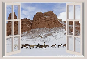 Cowboy & Horses Snow Window View Repositionable Color Wall Sticker Wall Mural - Picture 1 of 1