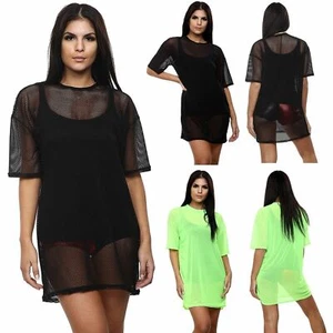 WOMEN MESH TOP NEON BAGGY SHEER NET OVERSIZEED T SHIRT SHORT SLEEVE GOTHIC DRESS - Picture 1 of 19