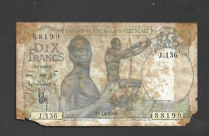 10  FRANCS  POOR  BANKNOTE FROM FRENCH WEST AFRICA 1954  PICK-37  RARE