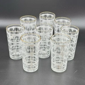 Vintage MCM Spitze schabloniert Goldrand Longdrinkgläser 5" hoch 8er Set - Bild 1 von 9
